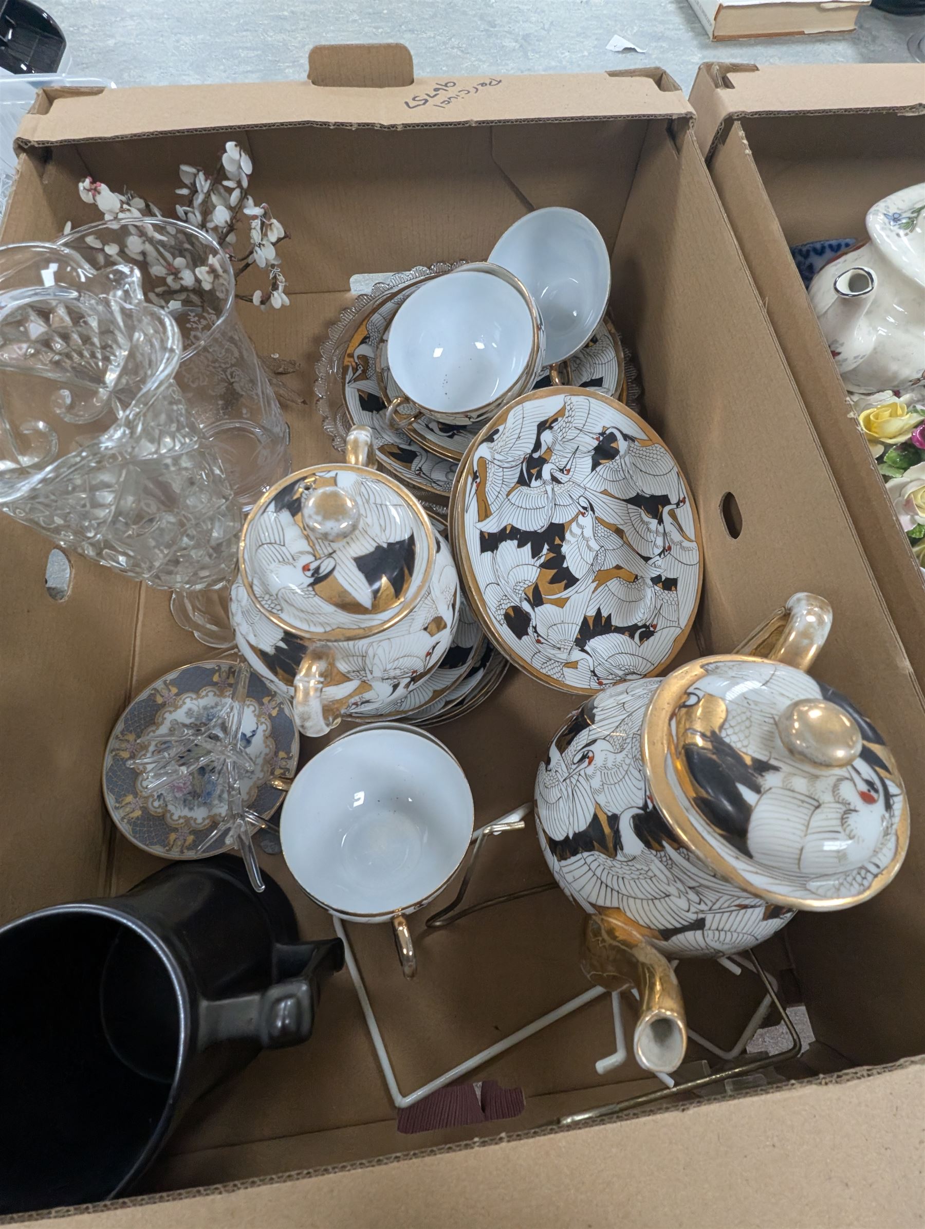 Royal Worcester Old Country Ways figure, Japanese tea service, blue and white platter, cut glass etc