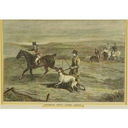  'Coursing at the Malton Meeting', 'Match Coursing' and Coursing Scene', five 19th century engravings hand coloured max 15cm x 23cm (5)  