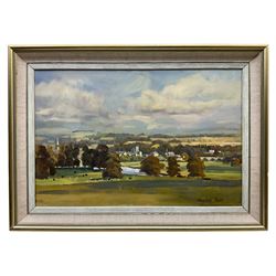 Margaret Peach (British 20th century): Landscape with View of Town, oil on canvas signed 30cm x 45cm