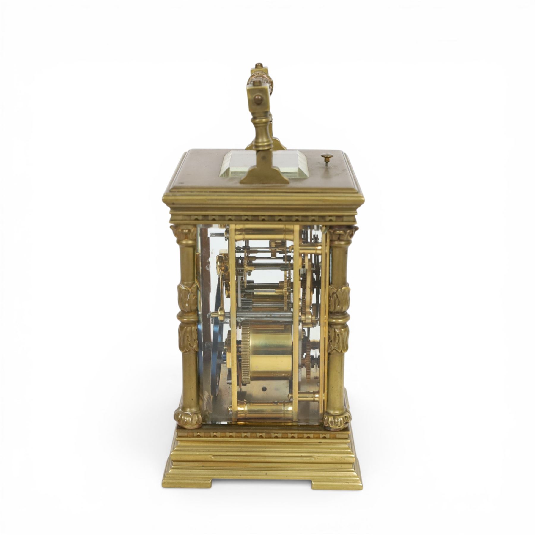French - 8-day striking carriage clock with alarm and repeat functions, c1900,  case of architectural form with swing handle, gilt dial mask alarm setting dial and enamel chapter, Arabic numerals and blued steel hands, rack striking movement, striking the hours, half-hours and repeat on a coiled gong, with a silvered lever platform escapement, in running condition with key, 14.5cm high 10.5cm wide