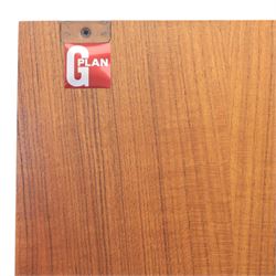 G Plan - Mid 20th century teak units, comprising tall shelving unit with cupboard sections, fall front and open shelves, together with a low twin-door cupboard unit, on plinth bases

Low unit: H 53cm, D 46cm, W 81cm
Tall unit: H 199cm, D 46cm, W 76cm