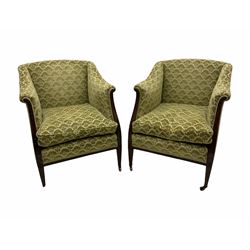 Early 20th century mahogany framed drawing room suite, comprising two seat sofa L128cm and pair matching armchairs L69cm upholstered in sage/beige patterned fabric, and a roll of matching fabric