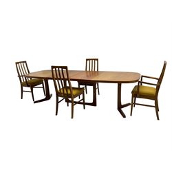 Oluf Theodore Larsen for NMB - mid-20th century teak extending dining table with two additional leaves, on splayed supports (261cm x 95cm x 73cm), and set four (2+2) mid-20th century teak dining chairs with high vertical slatted back on tapered supports (54cm x 51cm x 99cm)