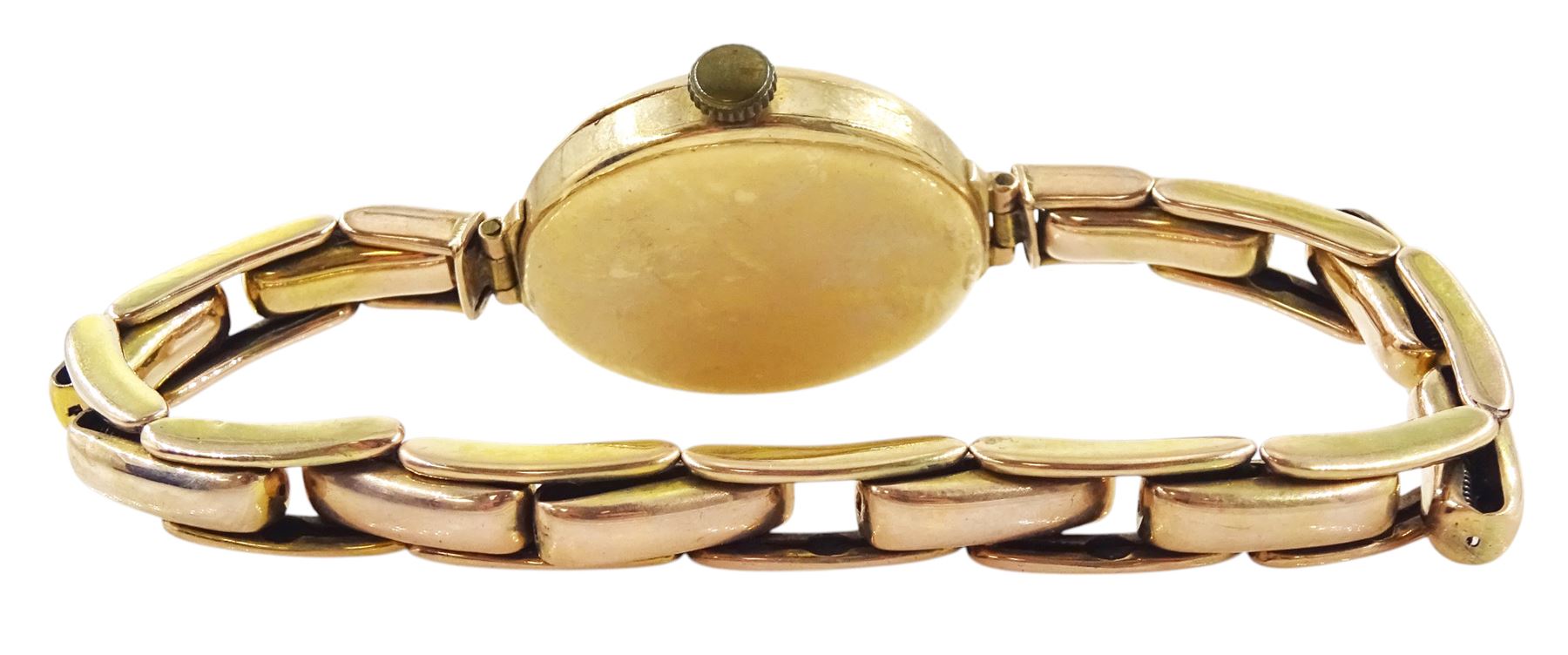 Omega early 20th century 9ct gold manual wind wristwatch, silvered dial with Arabic hour markers and subsidiary seconds dial, London import mark 1921, on expanding gold bracelet, stamped 9ct, boxed