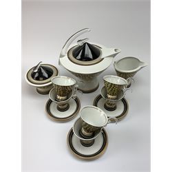A Chech Republic Thun Studio Leopard print tea set, comprising teapot, milk jug, sucrier and cover, and six tea cups and six saucers. 