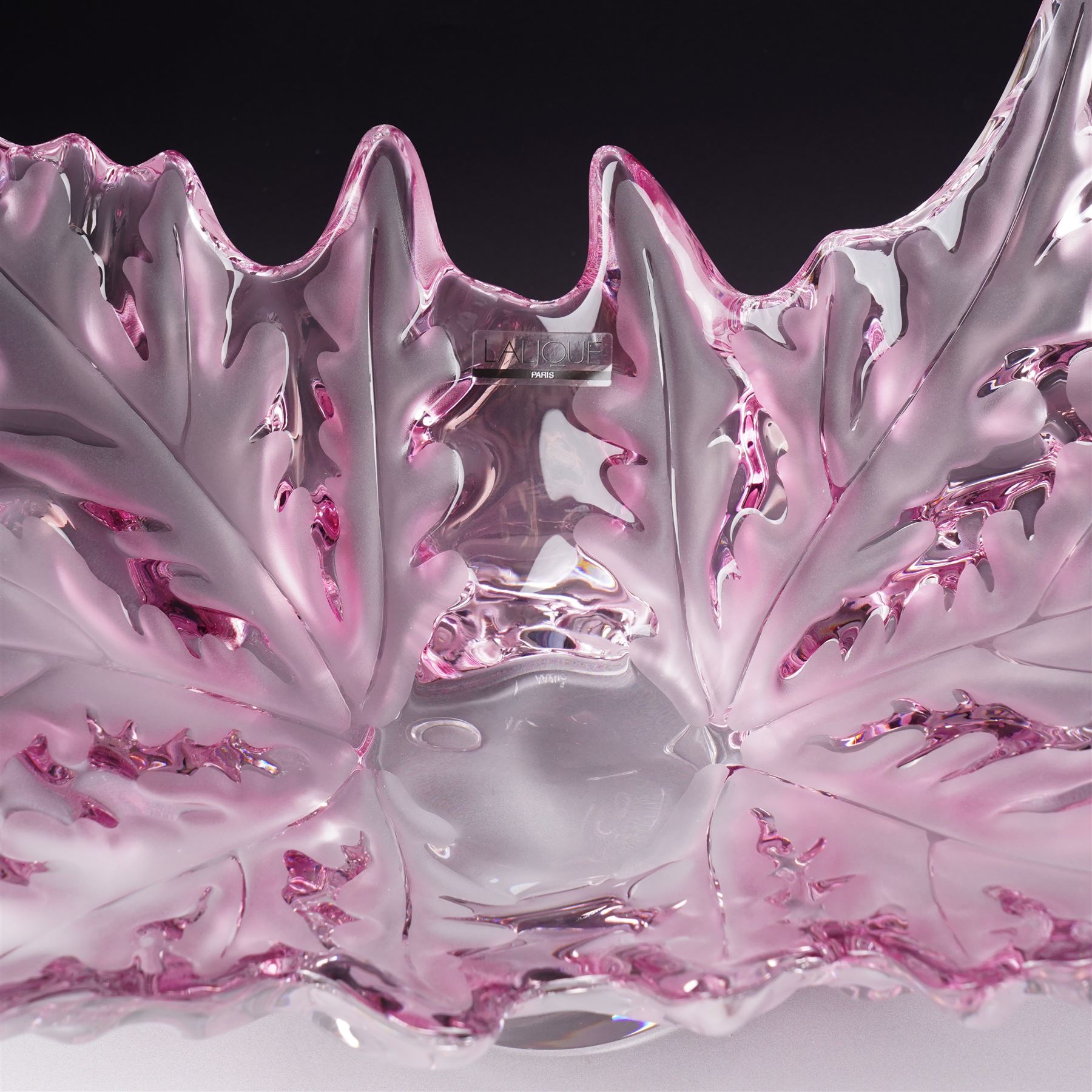 Lalique Champs-Elysees pattern clear and frosted pink glass bowl designed by Marc Lalique and modelled as leaves, signed 'Lalique France' L47cm in original Lalique pink box with guarantee etc