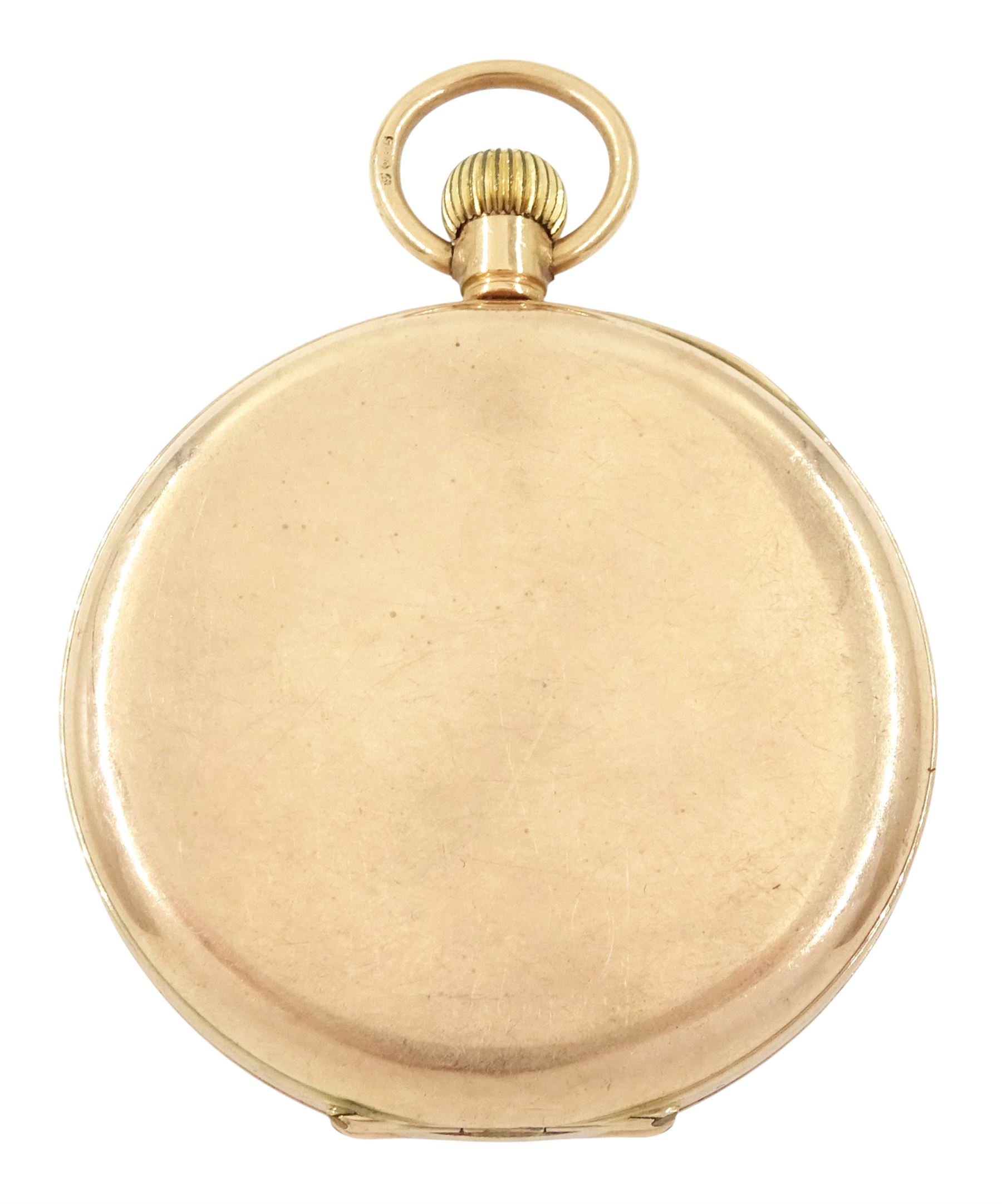 Early 20th century 9ct gold open face keyless lever pocket watch, white enamel dial with Roman numeral hour markers and subsidiary seconds dial, case by 	Stockwell & Co, London import mark 1925