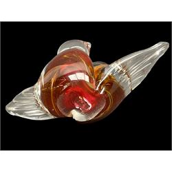 Murano glass cat and figure ina hat, together with tow valletta glass paperweights and bird glass paperweight, cat H20cm 