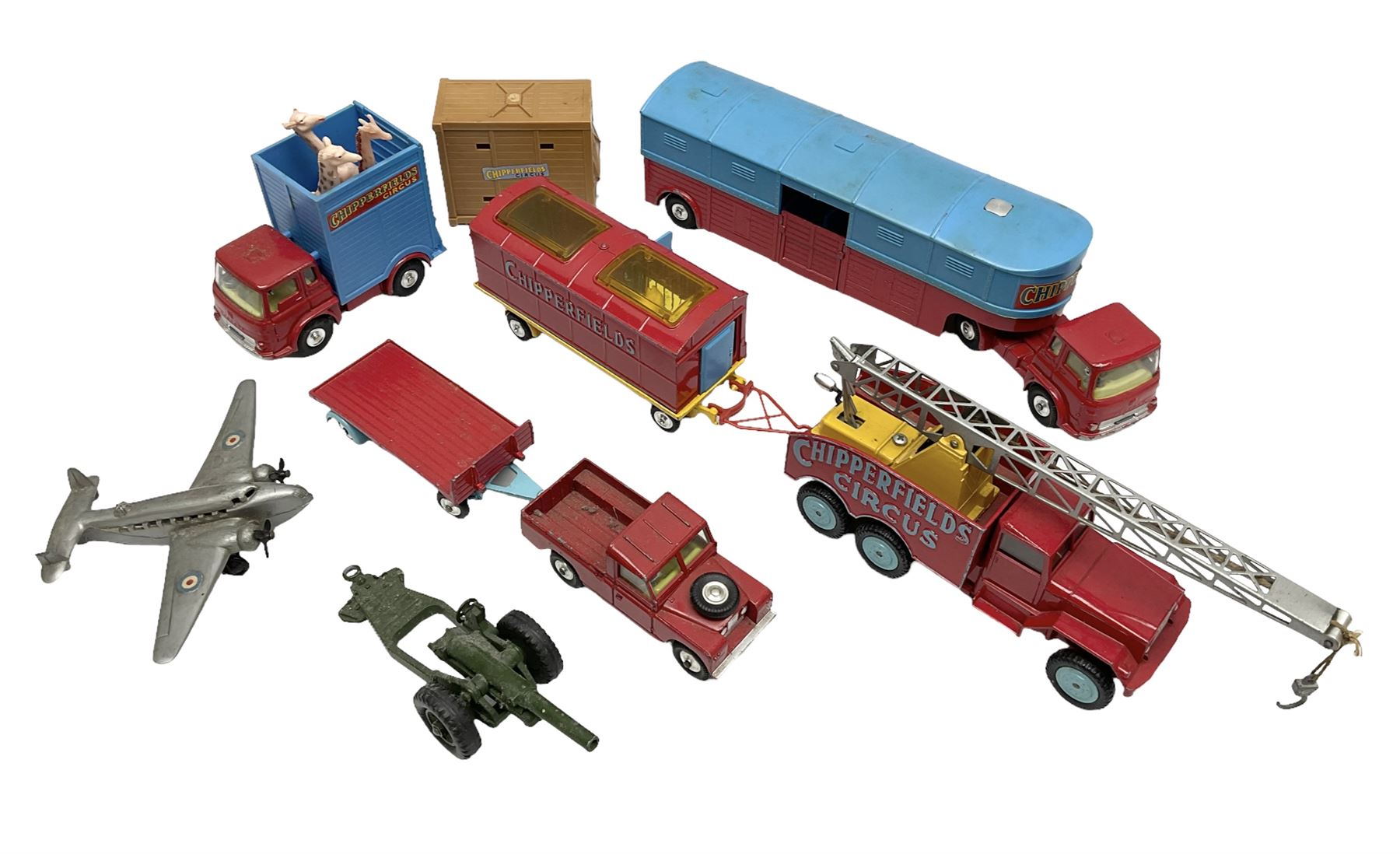 Corgi 'Chipperfields' - Gift Set 19 Land Rover with elephant cage on trailer containing elephant; No.1123 Circus Animal Cage with two Polar Bears; No.1130 Horse Transporter with five horses; No.503 Circus Giraffe Transporter with three giraffes; and No.1121 Crane Truck; all unboxed; together with two other models