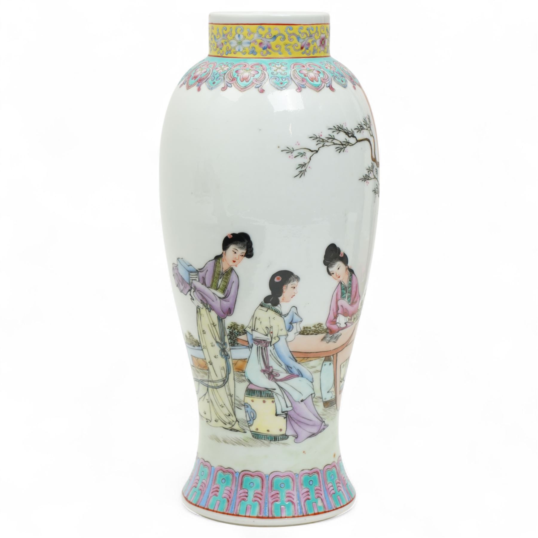 Chinese Republic oviform famille rose vase decorated with figures at a table in a garden setting, script beneath a yellow collar, Qianlong red seal mark H27cm 