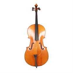 19th century cello, with two piece back and ebonised finger board, contained within a hard...