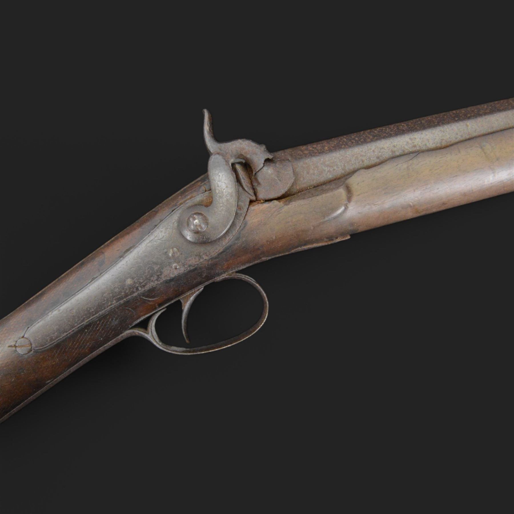 19th century percussion musket, the 76cm barrel with ramrod under, full walnut stock, overall L116cm
Sold as an exempt item under Section 58 (2) of the 1968 Firearms Act, to be held as a curiosity or ornament
