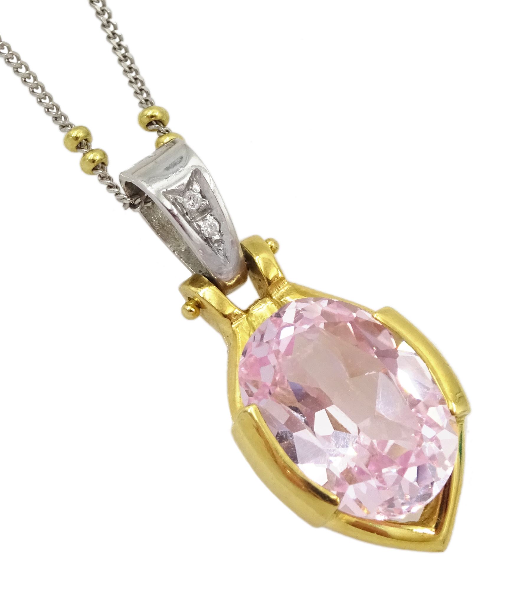 18ct white and yellow gold oval light pink sapphire and diamond pendant necklace, stamped 750, sapphire approx 6.80 carat