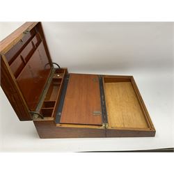 19th century satinwood writing slope, the cover with geometric chequered inlay, opening to reveal letter rack, compartments, photograph apertures, folding out to reveal a slope, H16.5cm L40.5cm D28cm