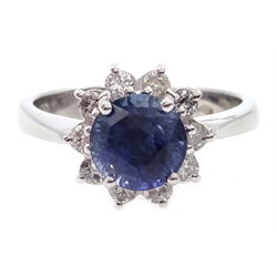  18ct white gold sapphire and diamond cluster ring, hallmarked, sapphire approx 2.1 carat, diamonds approx 0.3 carat  