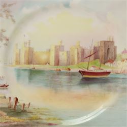 Four Minton hand painted castle plates by J Shaw, depicting 'Harlech Castle - Merionethshire' 'Stirling Castle - Sterlingshire' 'Caernarvon Castle - Caernarvonshire' and 'Arundel Castle - Sussex', with printed marks to base, D27cm (4)