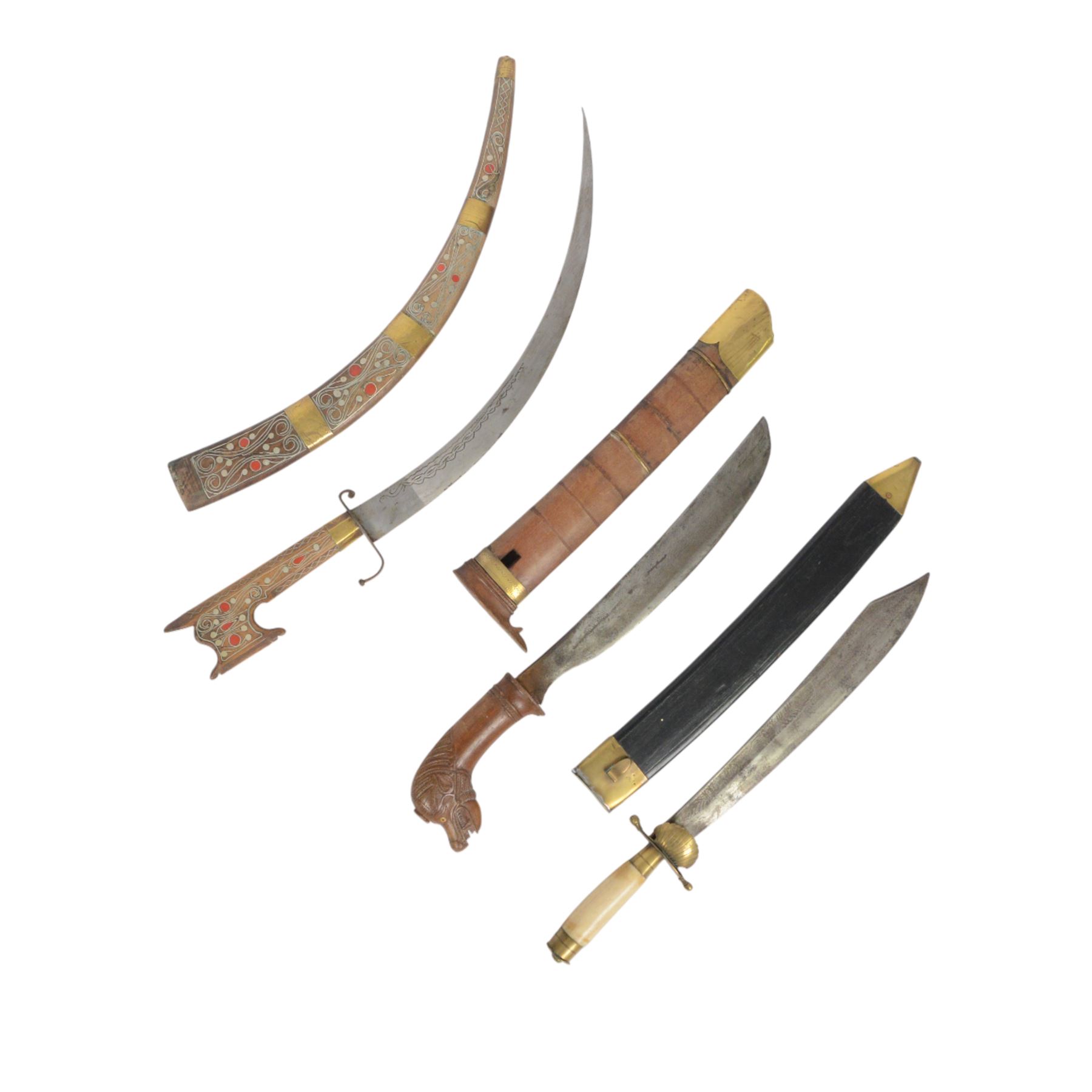 Hunting dagger, with L32cm engraved single edged blade, with a brass deer's foot cross piece with shell guard and horn grip, in a brass mounted scabbard, together with two other daggers