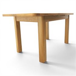 Modern oak extendable table and four chairs, extending top with stowable leaf (Extends to 152cm), chairs with brown upholstery and tapered square legs