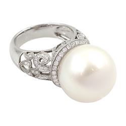 18ct white gold South Sea pearl ring, with diamond set gallery and shoulders 