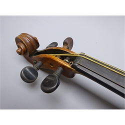  Early 20th century Saxony three-quarter size violin c1900 with 33.5cm two-piece maple back and ribs and spruce top L55cm overall, in ebonised wooden carrying case with bow  