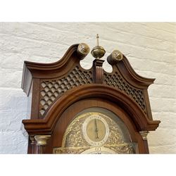 Mahogany longcase clock, dial inscribed “Paul Lacey, Bristol”, with a swan’s neck pediment, gesso patera and central brass ball and spire finial, with silk backed open fretwork, break arch hood door and reeded pillars attached, trunk with conforming full length broken arch door and reeded quarter pillars, rectangular plinth with applied moulding and brickwork corners raised on ogee feet, break arch brass dial with matted centre, date aperture, subsidiary seconds and strike silent dials, silvered chapter ring with Roman numerals, five minute Arabic’s and half hour markers, minute track and steel serpentine hands, dial pinned directly to an eight-day rack striking five pillar movement, striking the hours on a bell. With weights, pendulum and key.



