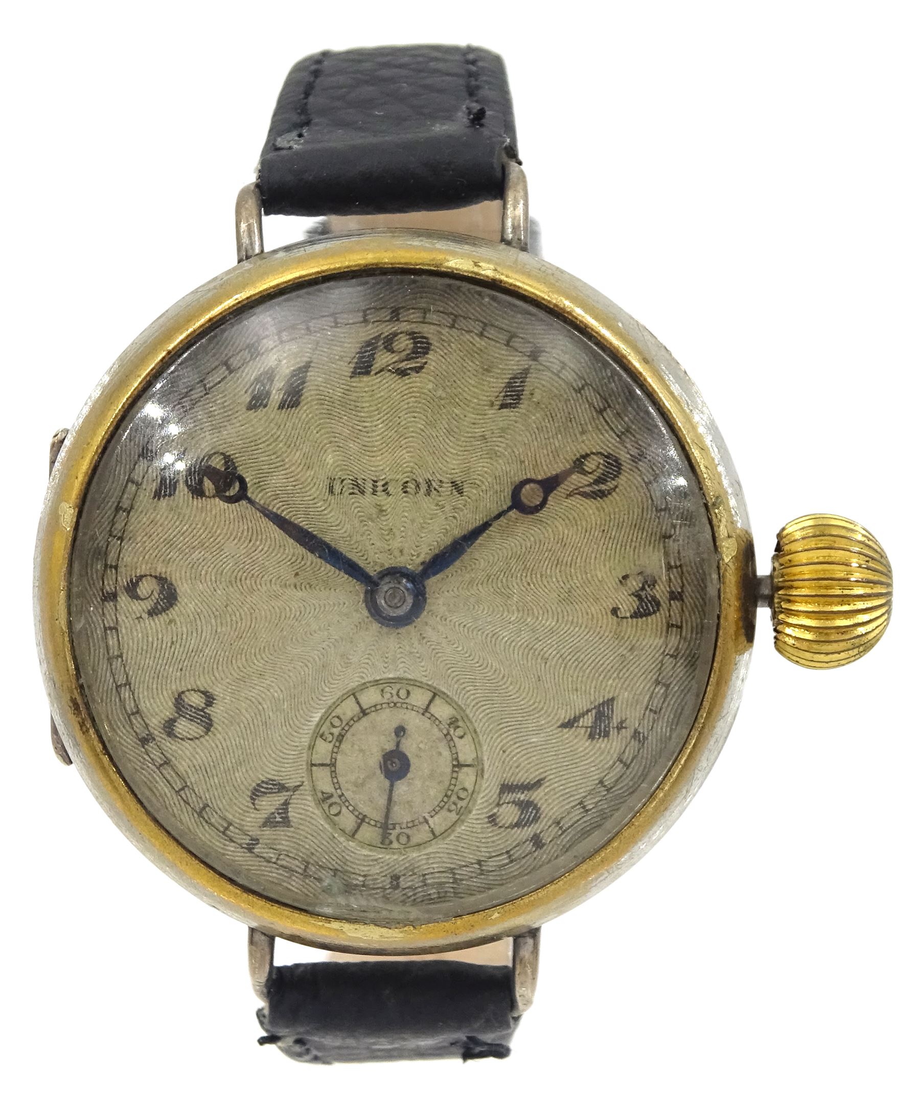 'Rolex' Unicorn silver and gold-plated manual wind wristwatch, on black leather strap