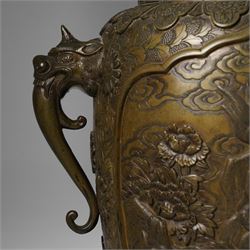 Japanese Meiji-Taisho period bronze vase, by Kanaya Gorosaburo, decorated with dragons and other creatures in a landscape, seal mark to base, H35.5cm 