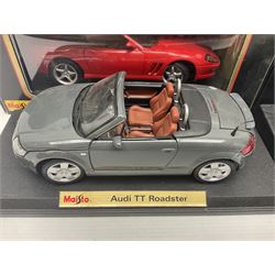 Three Maisto Special Edition 1:18 scale die-cast models - Porsche 550A Spyder, Jaguar 'S' Type and Ferrari 550 Maranello; all boxed; five other unboxed Maisto/Bburago 1:18 scale models; and two Classic Collection lead crystal models of Classic Cars (10)