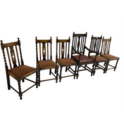 Near set six oak dining chairs, high-back with pierced and carved central splat flanked by spiral turned uprights, upholstered drop-in seats, raised on spiral turned supports united by strethers