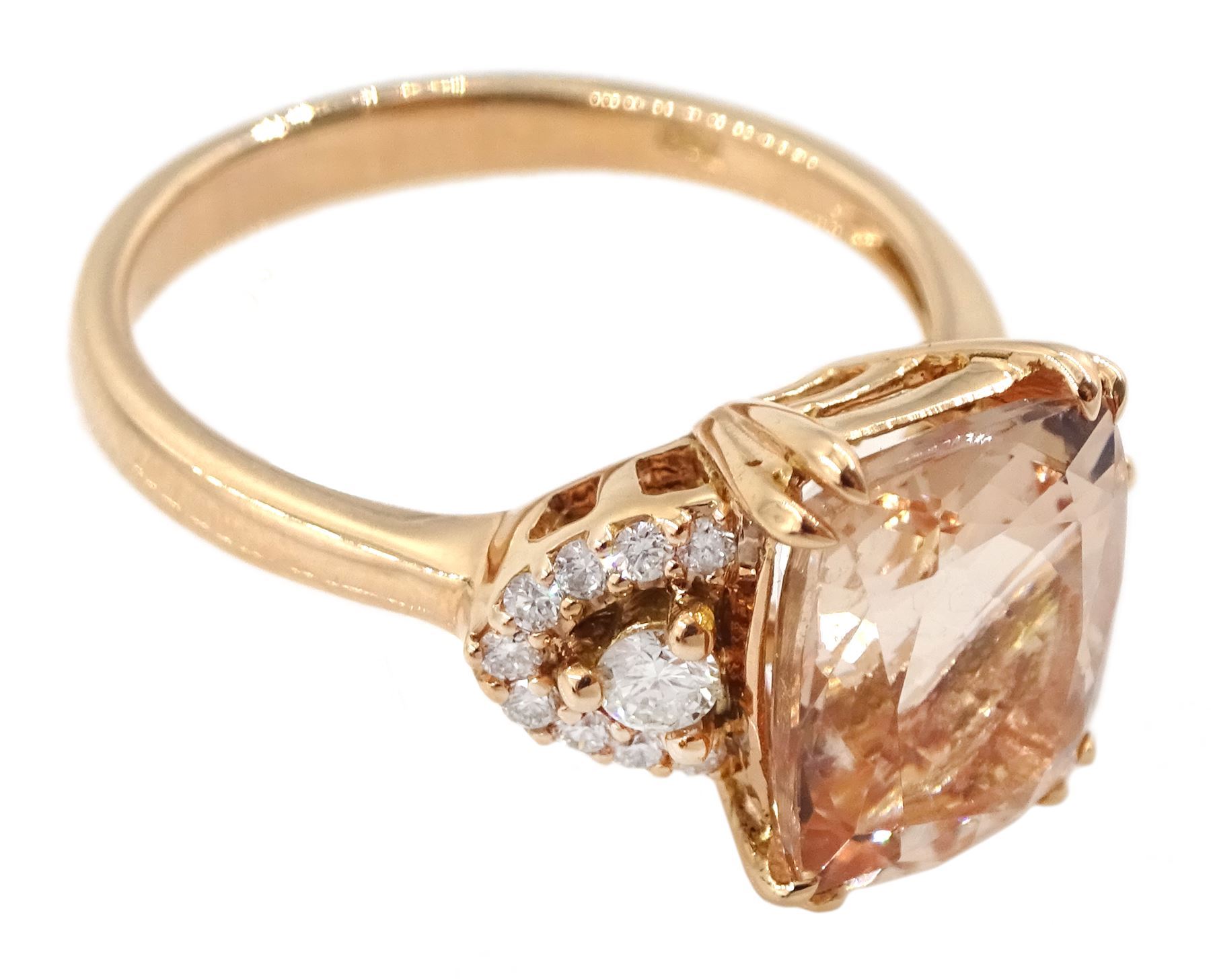 18ct rose gold radiant cut morganite and round brilliant cut diamond cluster ring, stamped 750, morganite approx 3.05 carat