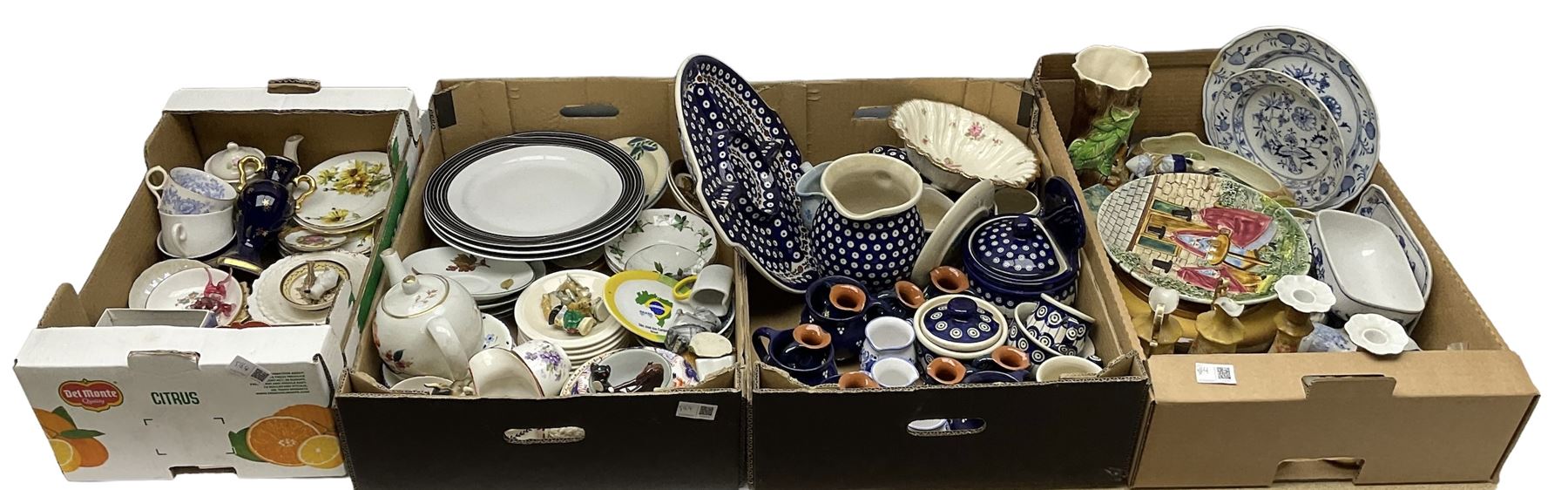 Collection of ceramics in four boxes to include two Meissen onion pattern blue and white plates, each with blue painted crossed swords mark to base,  Hornsea Fauna, West German plate etc