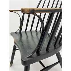 18th century West Country ash and elm Windsor armchair, high hoop and stick back, turned supports with H stretcher, green paint finish