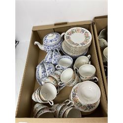 Minton Shalimar pattern tea wares, including teapot, cake plates, cups, saucers and larger plate, together with Paragon Country Lane pattern teawares and Royal Doulton Wild Cherry pattern tea and dinner wares, in three boxes 