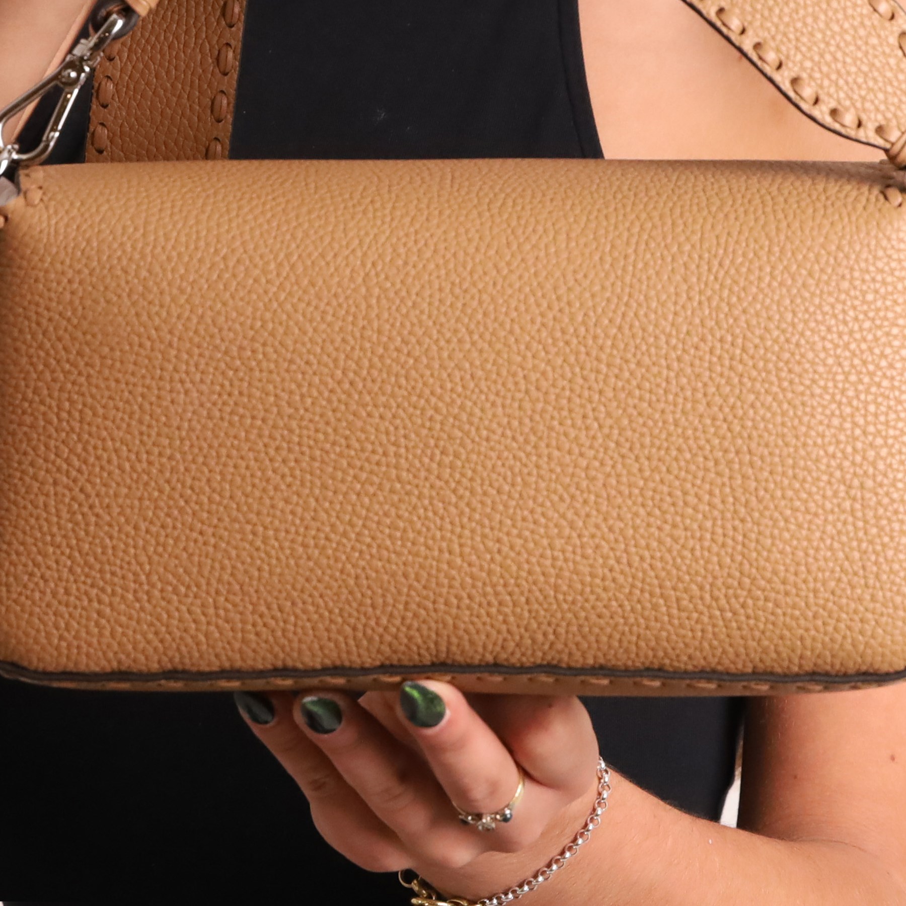Fendi - Selleria Baguette shoulder bag, tan grained leather with hand-stitched detailing, palladium-tone FF buckle fastening, detachable leather top handle and shoulder strap, with authenticity card, dust bag and box