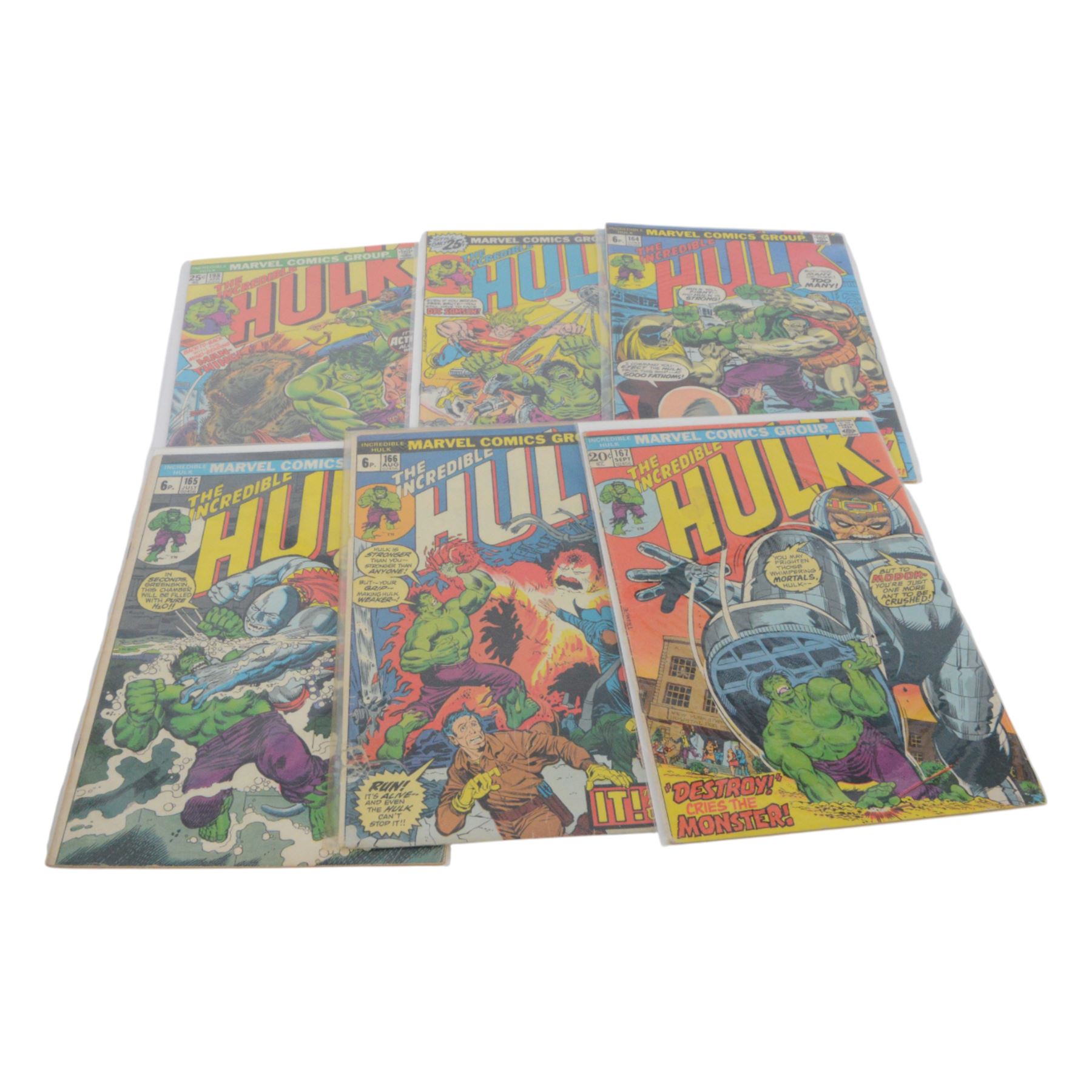 Fifty Marvel 'The Incredible Hulk' comic books, spanning years 1969- 1986, comprising #114, #121, #123, #124, #125, #127, #134, #135, #136, #138, #164, #165, #166, #167, #168, #172, #178, #191, #197, #198, #199, #200, #252, #258, #261, #262, #266, #269, #270, #272, #276, #277, #278, #279, #280, #281, #282, #283, #314, #315, #316, #317, #318, #319, #320, ##321#322, #323, all bagged, some card backed