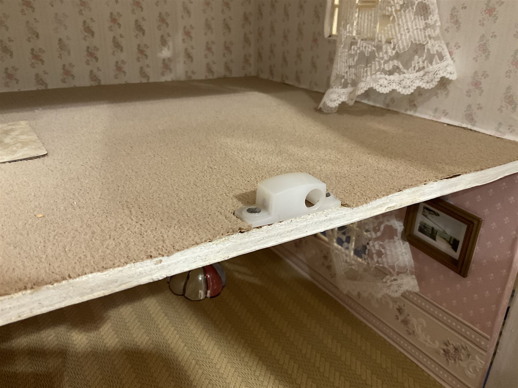 Modern scratch-built Palladian style wooden dolls  house as a 19th century double fronted two-storey property with simulated brick and stone walls under a removable simulated slate hipped roof; the triple hinged front elevation opening to reveal six rooms with central hall, stairs and landing L94cm H56cm D40cm