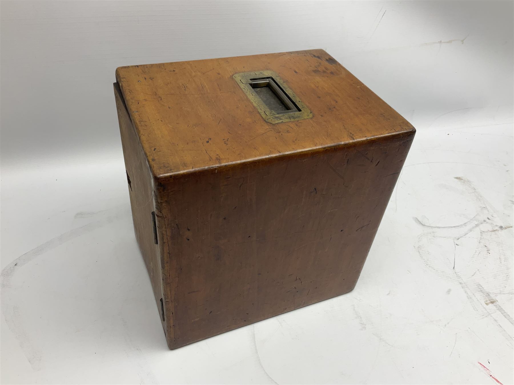 Mid 19th century brass monocular microscope by Andrew Ross, London No.180, with pitchfork base, rack and pinion focusing, revolving bed and swivelling barrel, with accessories, housed in a mahogany case with recessed carry handle and lockable doors