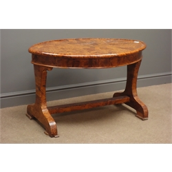  Thuya wood oval coffee table, parquetry segmented top, stretcher base, L102cm, D63cm, H59cm  