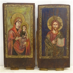  Two oak panels painted with the Virgin Mary and the Christ Child and Saint Joseph, H41cm   
