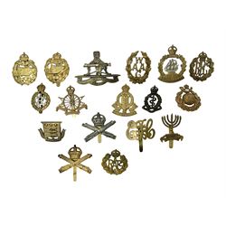 Seventeen cap badges including Expeditionary Forces Canteen, Machine Gun Corps, Tank Regiment, Jewish Battalions, Ordnance Corps, Medical Corps, Cyclist Corps, RFC & RAF, Veterinary Corps, Drake battalion etc (17)
