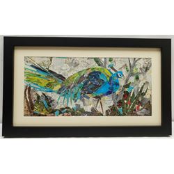 Penny Wicks (British 1949-): 'Pondering Peacock', mixed media collage signed, titled on label verso 21cm x 46cm