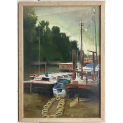 English School (20th century): 'Houseboat Hammersmith' - London, oil indistinctly signed, titled and dated 2002 verso 64cm x 44cm