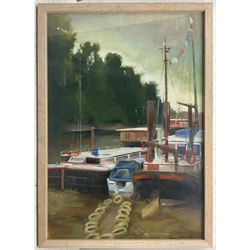 English School (20th century): 'Houseboat Hammersmith' - London, oil indistinctly signed, titled and dated 2002 verso 64cm x 44cm
