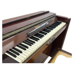 Evestaff - Minipiano early 20th century mahogany cased upright piano, with stool, compact upright form with streamlined mahogany case, full keyboard over two brass pedals, together with matching piano stool