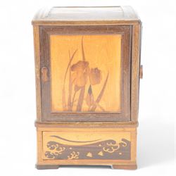 Desktop smokers cabinet, with an inlaid marquetry scene of Mount Fuji, the sides opening to reveal fitted pipe racks, H25cm