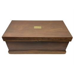 19th century teak chest, with sunken brass handle, the hinged lid with brass plaque engrav...