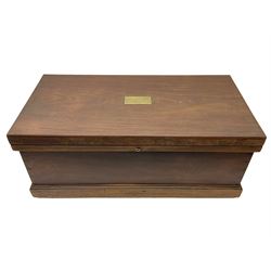  19th century teak chest, with sunken brass handle, the hinged lid with brass plaque engraved 'H.H. Earle 1899', H34cm, L83cm, notes: reputedly the chest of H.H.Earle, daughter of George F Earle of the Earle shipbuilding family of Hull 