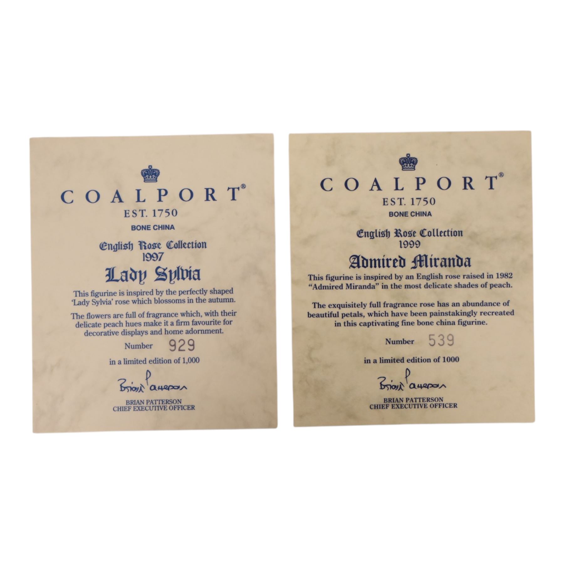 Two Coalport figures from the English Rose Collection, 1999 Admired Miranda 539/1000 and 1997 Lady Sylvia 929/1000, both with certificate