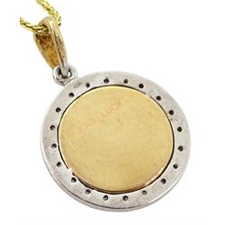 9ct white and yellow gold diamond set pendant necklace, the front with engraved Chinese character mark, the reverse engraved 'Good Luck', hallmarked