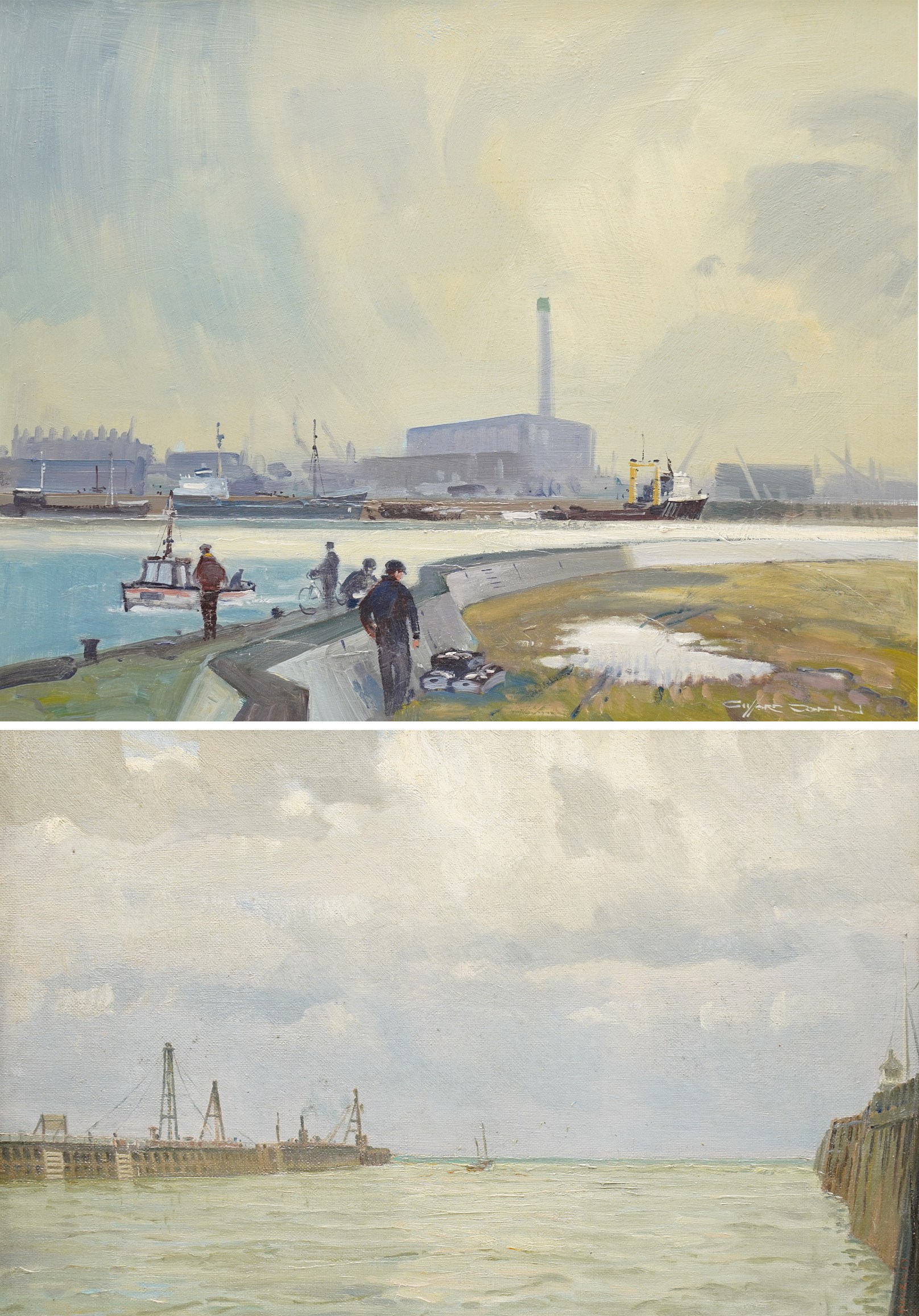 John Clifford (British 1934-): 'Great Yarmouth Harbour', oil on board signed 39cm x 49cm; C B Wood (British early 20th century): 'Gorleston Harbour', oil on canvas board signed and dated 1930, titled verso 33cm x 50cm (2)